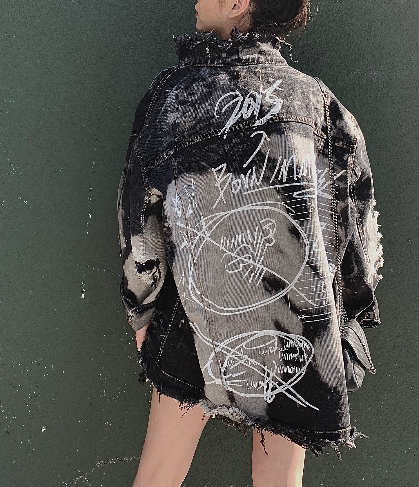 Hand-Distressed Extra Oversized Denim Jacket-Black